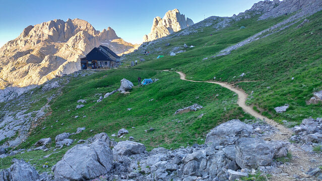 Diego Mella refuge in Collado Jermoso, Posada de Valdeon municipality, Leon, Spain. Picos de Europa National Park