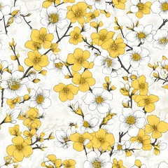 Schilderijen op glas create a high-quality noble blossom pattern with little single blossoms, only blossoms, light background, use white and pantone yellow © quinn