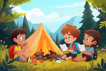 Obraz na płótnie Canvas Illustration of three kids with backpacks enjoying a campfire while reading and eating in a forest setting.