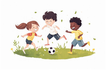 Animated children in a carefree soccer game surrounded by nature.