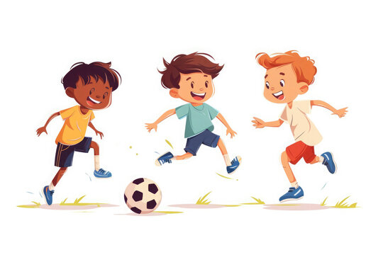 Three happy cartoon children play badminton outdoors, surrounded by leaves and butterflies, conveying joy and activity