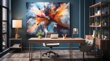 A compact, modern home office with a glass-top desk, ergonomic chair, floating shelves on a blue accent wall, and a large, framed abstract painting, illuminated by a sleek,