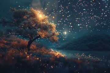 tree and lake under starry night sky