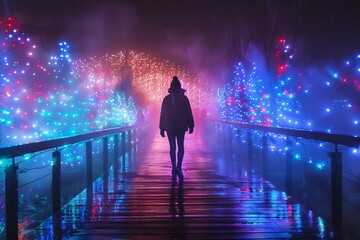 silhouette of a person in the night walking over bridge in Christmas time