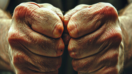 Anger: A close-up of a person's clenched fists, knuckles white with tension, veins bulging, and brows furrowed in frustration. - obrazy, fototapety, plakaty