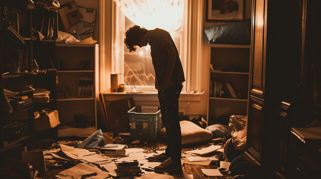 Guilt: A Person Standing Alone In A Dimly Lit Room, Head Bowed And Shoulders Slumped, Surrounded By Scattered Papers And Belongings.