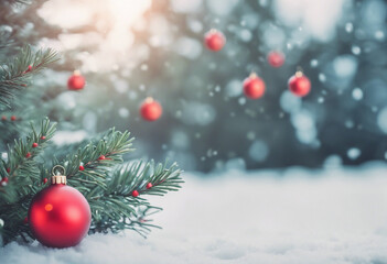 Naklejka na ściany i meble Christmas and new year holidays concept Red balls on fir branches winter snowy backdrop festive winter background with copy space