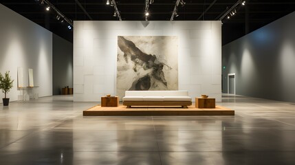 A contemporary art exhibition stage, empty and illuminated by spotlighting, featuring white walls and polished concrete floors, with plinths of various heights ready to display sculptures - obrazy, fototapety, plakaty