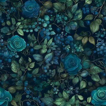 Different shades of dark blue flowers with blue roses with dark green vines with blueberries Van Gogh vintage painting style © quinn