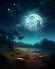Acrylic prints Full moon and trees fantasy background, moon, stars, falling stars