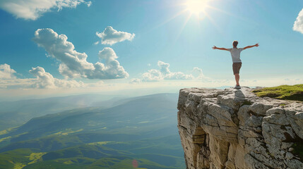 Anticipation: A person standing at the edge of a cliff, overlooking a vast landscape, with arms outstretched and face lifted towards the sky, eagerly awaiting what lies ahead.