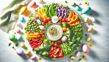Obraz na płótnie Canvas Easter Celebration Vegetable Platter with Hummus and Edible Flowers