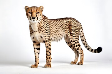 Generative ai. cheetah standing on a white surface with a white background, cheetah, humanoid cheetah, full body view, spotted ultra realistic - Powered by Adobe