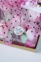 Gift box with pink tulips. Homemade zephyr. Zephyr flowers. Tulips from marshmallows.