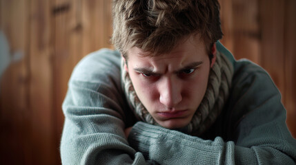 Fototapeta premium Resentment: A person with a furrowed brow and narrowed eyes, arms crossed tightly across their chest, harboring feelings of bitterness and indignation.