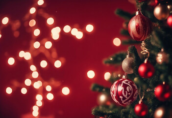 Part of Christmas Tree With Red Ornament And Bokeh Lights In Red Background with Copy Space