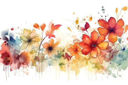 watercolor graphic design flowers line border warm bright tones filagree thin border image completely in frame white background