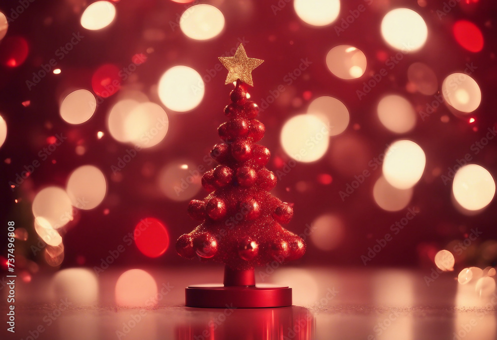 Aufkleber tiny red christmas tree toy with ornament and bokeh lights in red background