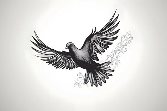black line of a lovely flying dove, she want peace in the world, minimalistic, white background