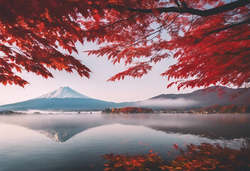 Colorful Autumn Season with morning fog and red leaves over the crystal clear lake