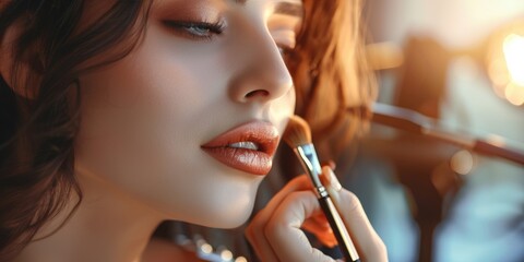 A makeup artist is applying a professional make up to a young beautiful woman