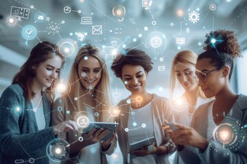 Diverse group of businesswomen using digital tablets in a collaborative work environment