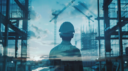view of professional engineer manager standing concentrate focus multi exposure with building...