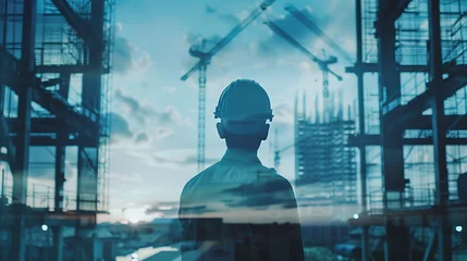 Fotobehang view of professional engineer manager standing concentrate focus multi exposure with building construction industry background construstion engineer concept © Alin