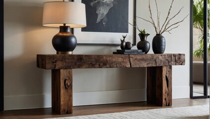 Salvaged wood console table and artistic decor pieces enriching a minimalist living room.