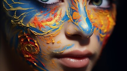 Close-up of a woman's face with blue, yellow, and red face paint.