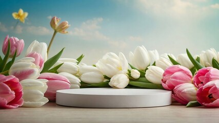 Product podium for product presentation and display with garden summer and spring flowers, tulips, floral summer background podium for cosmetic, with nature in the background. Generating AI