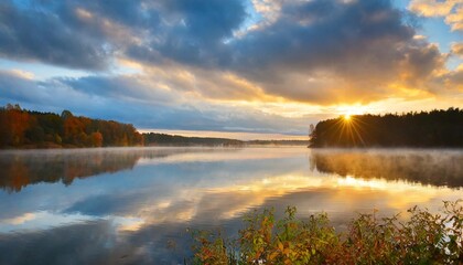Fototapeta na wymiar sunrise over the lake on a cloudy autumn day