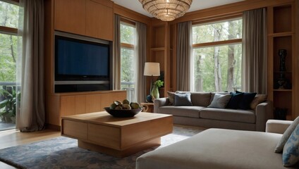 Solid maple cabinet and artistic decor contributing to a harmonious living room design.
