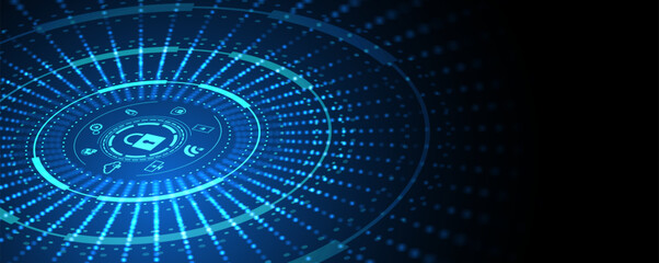 internet digital cyber security technology concept for business background. Lock on circuit board