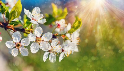 spring nature easter art background with blossom beautiful nature scene with blooming flowers tree...