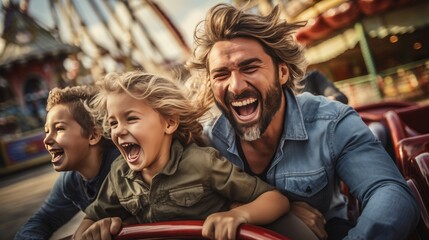 exciting family rollercoaster adventure at the local amusement park. experiencing thrill, laughter, and joy