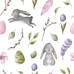 Easter seamless pattern. Spring watercolor pattern with easter eggs, flowers, leaves, pussy willow, feathers and rabbits