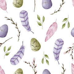 Easter seamless pattern. Spring watercolor pattern with easter eggs, flowers, leaves, pussy willow, feathers and rabbits