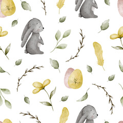 Easter seamless pattern. Spring watercolor pattern with easter eggs, flowers, leaves, pussy willow, feathers and rabbits