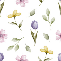 Seamless pattern with spring flowers and leaves. Watercolor pattern.