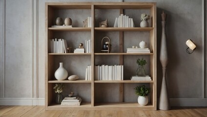 Whitewashed wooden bookcase and carefully placed decor items creating a tranquil setting. - obrazy, fototapety, plakaty