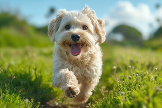 White Dog Joyfully Running in Field