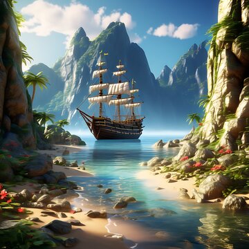 Generative ai. an image of a pirate ship in the ocean, adventure hyper realistic render, a ship on a deserted island, fantasy sea landscape, on a pirate ship background, matte painting in fantasy styl