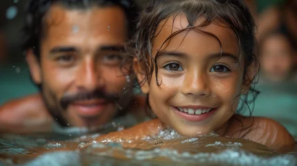 Foto op Plexiglas a man and a little girl are swimming in a pool © Raptecstudio