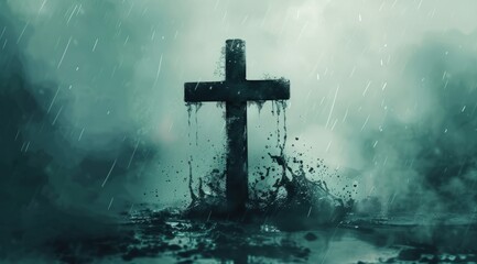 graphic of a cross with rain splashing