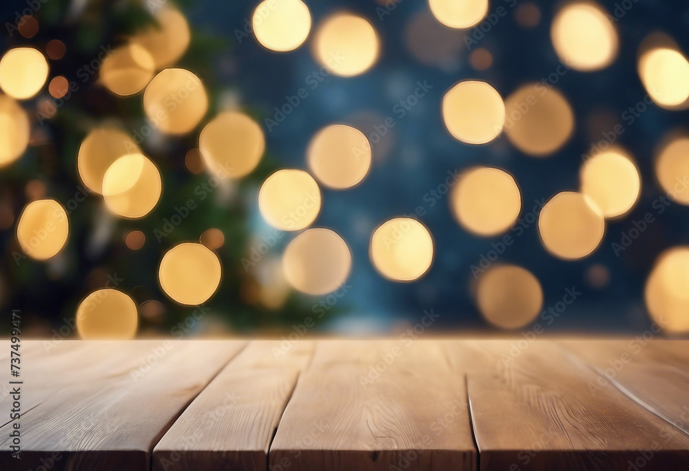 Poster empty woooden table top with abstract warm living room decor with christmas tree string light blur b