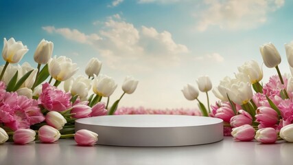 Product podium for product presentation and display with garden summer and spring flowers, tulips, floral summer background podium for cosmetic, with nature in the background. Generating AI