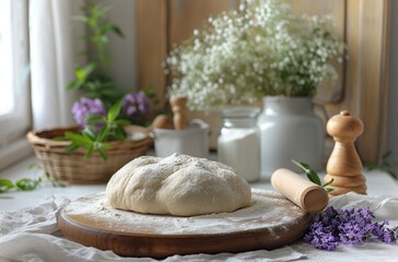 ingredients of dough, flour and rolling pin for making bread