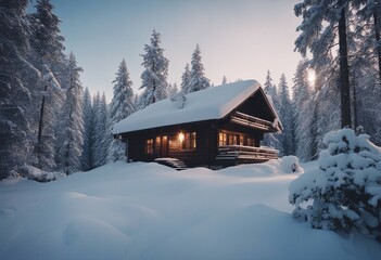 Home covered by snow in middle of forest Modern wooden home and snow covered trees in winter Secluded tiny house Private house near forest. Country house Winter holiday concept Life outside of society