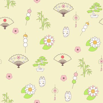 Seamless pattern with traditional Japanese symbols, food and landmarks. Drawing vector illustration isolated on yellow background. 
